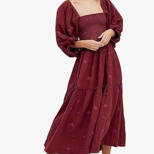 Elegant Burgundy Smocked Dress
